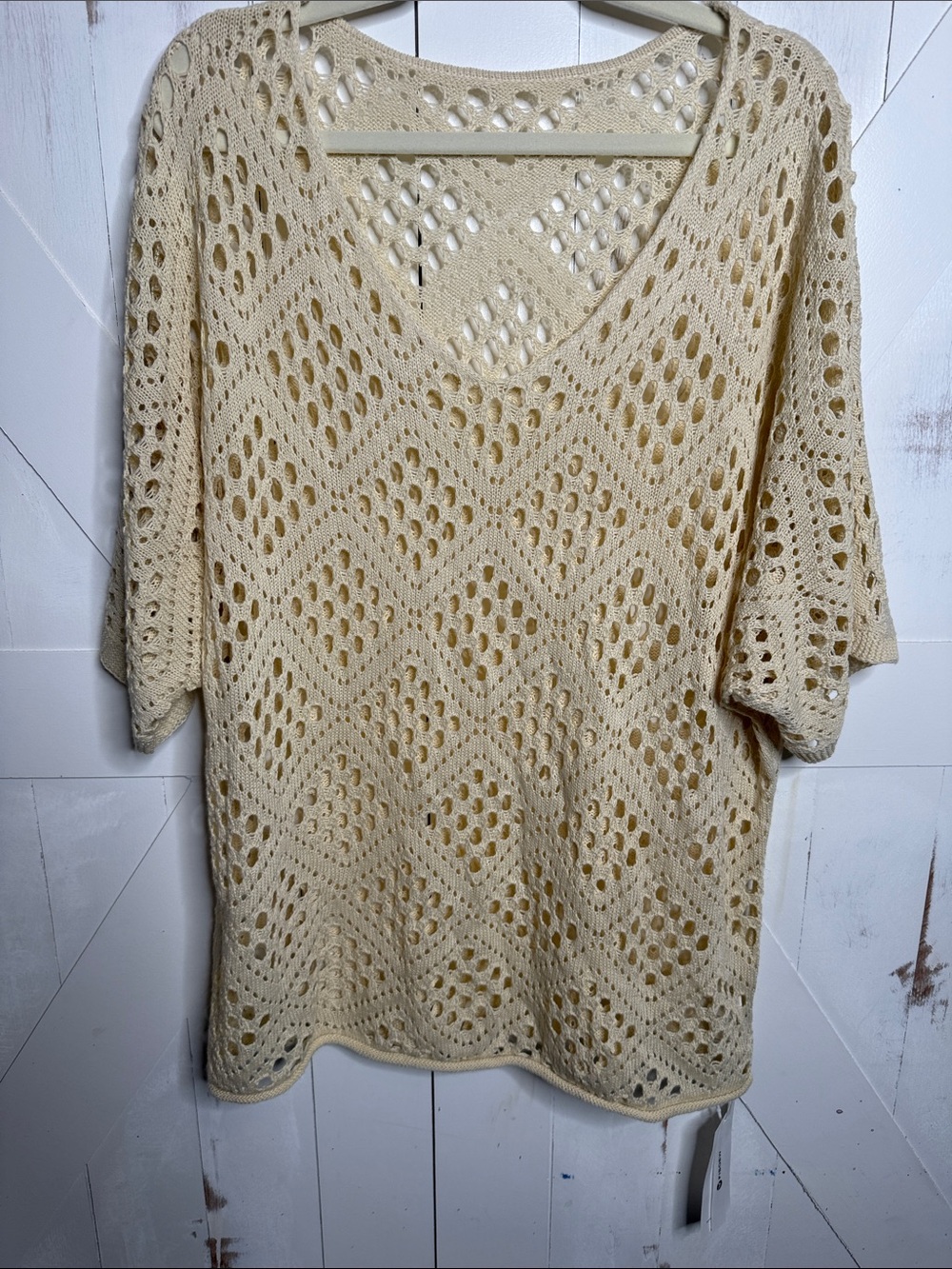 Creamy Beige Open Weave Diamond Crochet Knit Batwing Beach Top - Picture 5 of 11